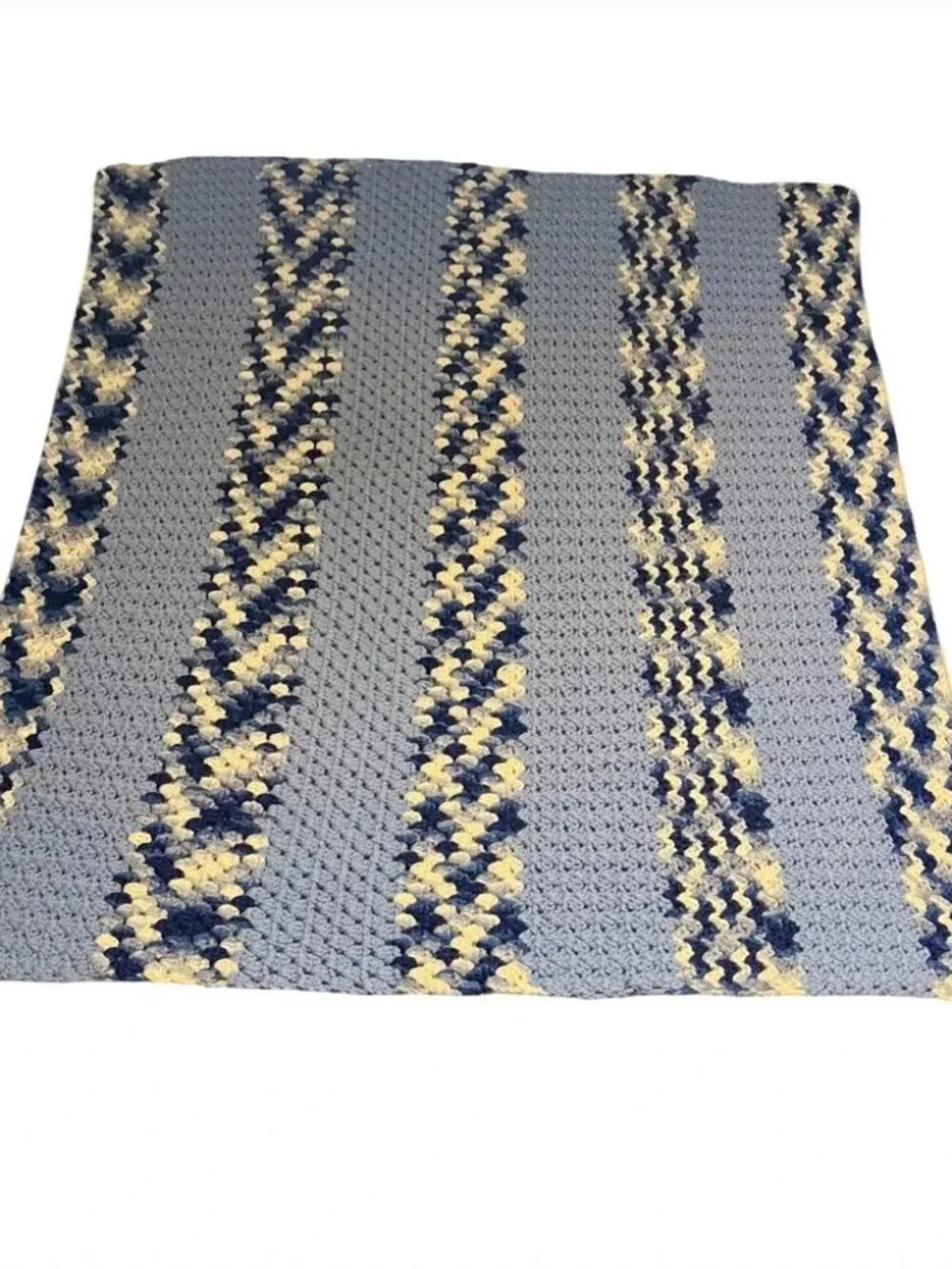Handmade Crochet Throw Blanket Unisex 48x39 Blue Striped Excellent Afghan